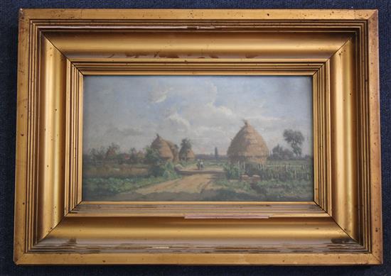 Adrien Jacques Sauzay (French, 1841-1928) Landscape with figures beside haystacks, 6 x 11in.